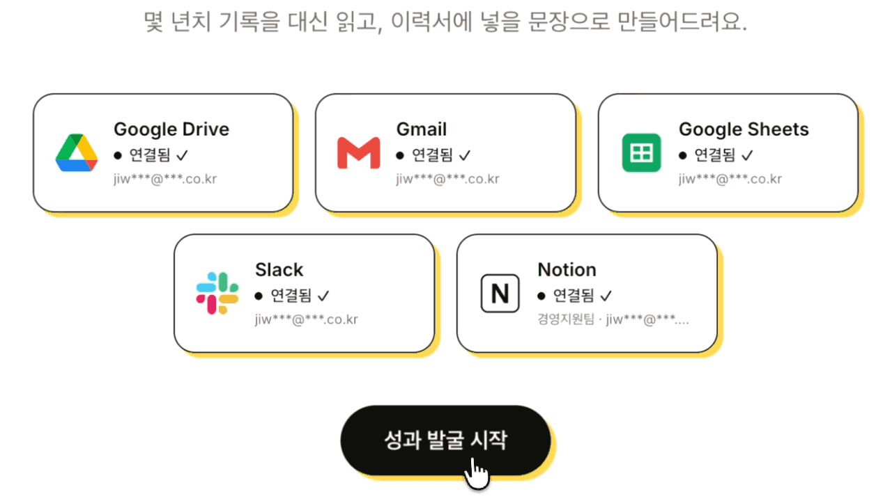 구글 드라이브·지메일·구글 시트·슬랙·노션 다섯 개가 모두 「연결됨」으로 표시되고, 「성과 발굴 시작」 버튼에 커서가 놓인 연결 화면