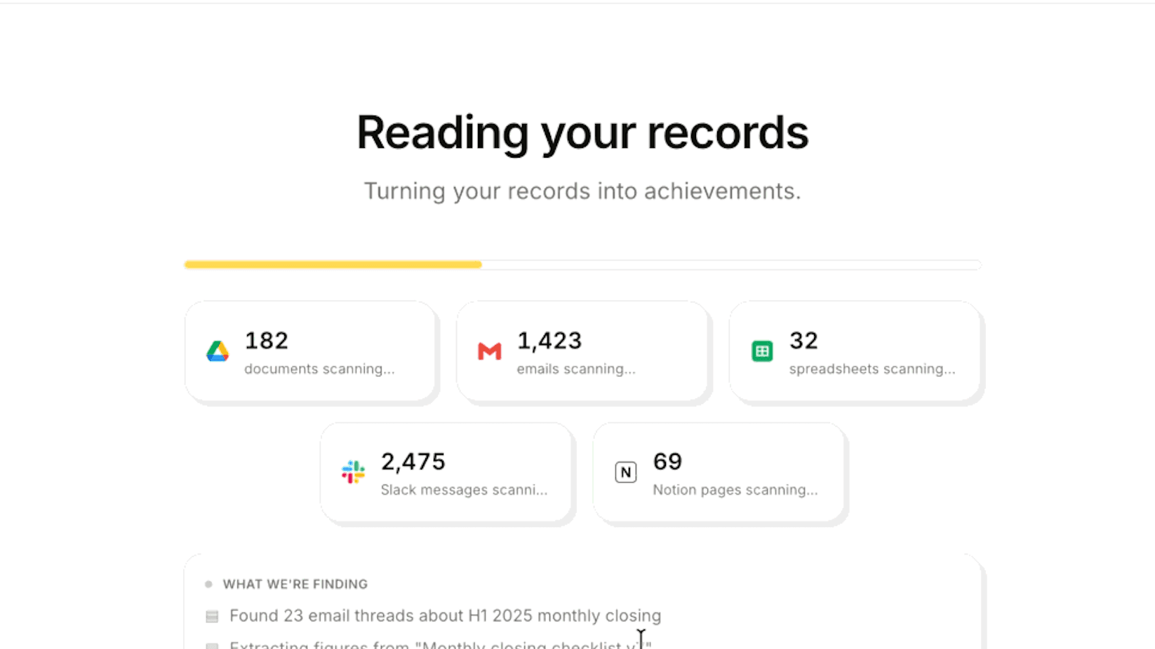 A screen headed “Reading your records” with a progress bar and counters for 182 documents, 1,423 emails, 32 spreadsheets, 2,475 Slack messages and 69 Notion pages, above a “What we’re finding” log listing discoveries as they surface