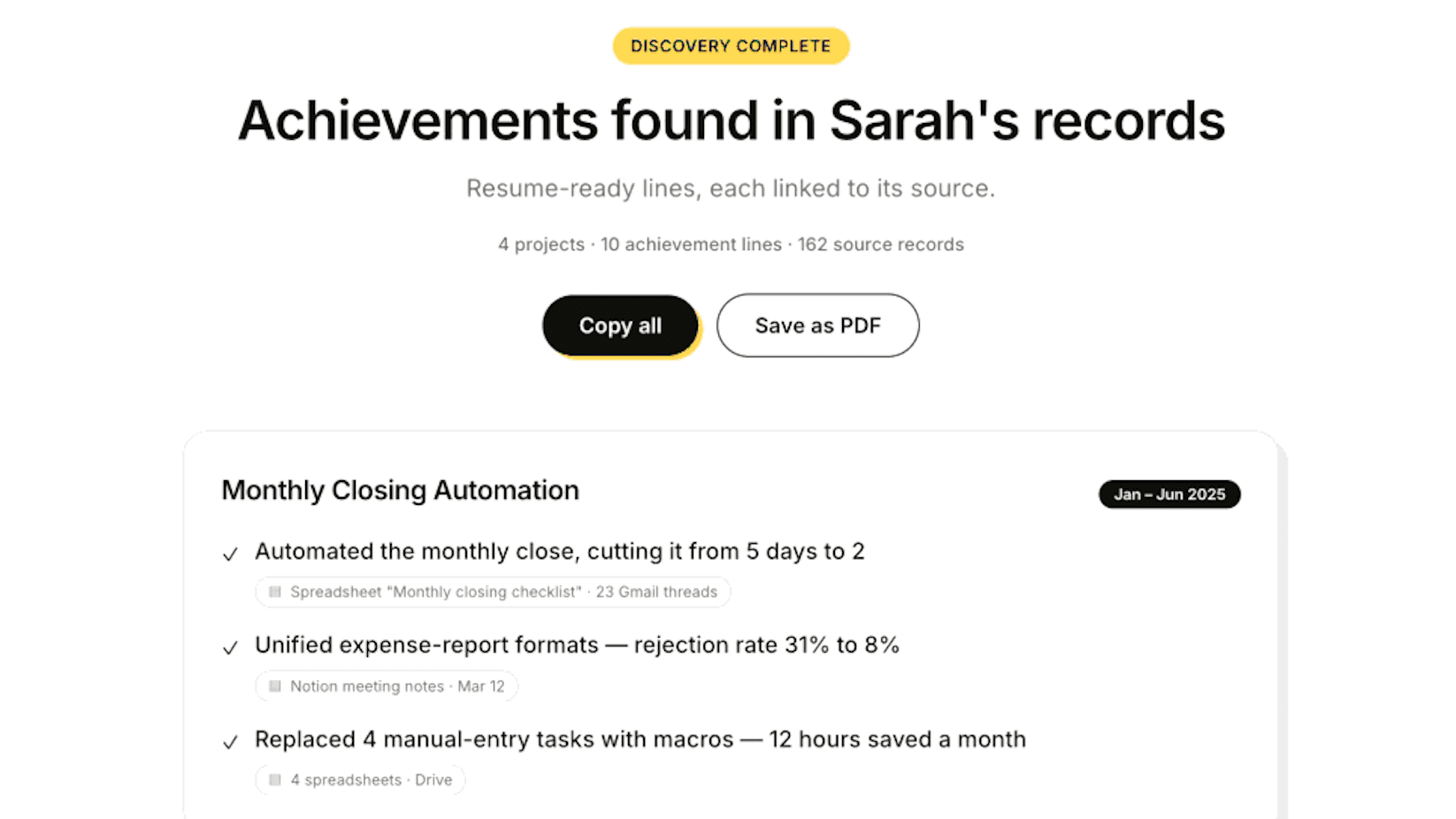 A results screen headed “Achievements found in Sarah’s records” under a “Discovery complete” badge, summarising 4 projects · 10 achievement lines · 162 source records, with “Copy all” and “Save as PDF” buttons above a “Monthly Closing Automation” card whose lines each cite the record they came from