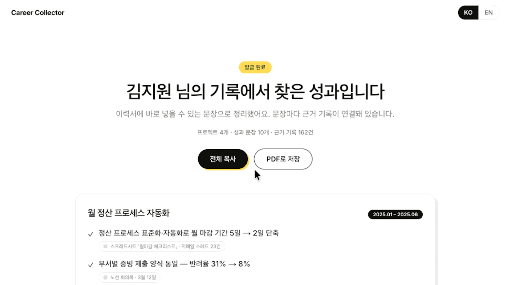 「발굴 완료」 뱃지와 「김지원 님의 기록에서 찾은 성과입니다」 제목 아래 프로젝트 4개·성과 문장 10개·근거 기록 162건이 요약되고, 「전체 복사」·「PDF로 저장」 버튼 밑으로 「월 정산 프로세스 자동화」 프로젝트의 성과 문장이 출처 기록 뱃지와 함께 이어지는 결과 화면